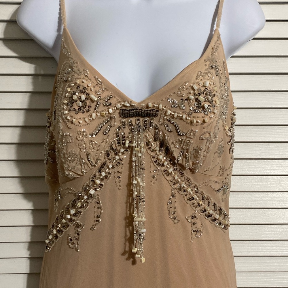 Beaded Spaghetti Strap Evening Dress - Nude